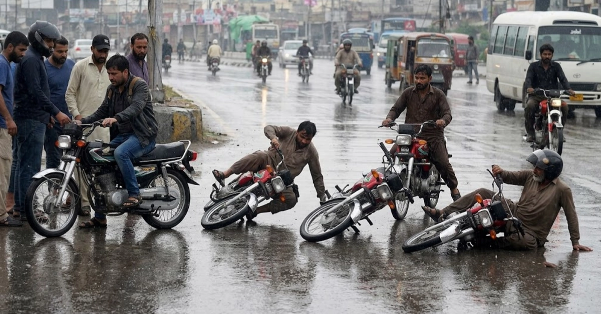 Heavy traffic jam on Shahrah-e-Faisal Karachi from Drigh Road to FTC flyover during light rainy weather