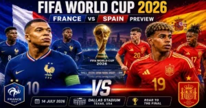 Kylian Mbappe of France and Lamine Yamal of Spain ready for FIFA World Cup semifinal match