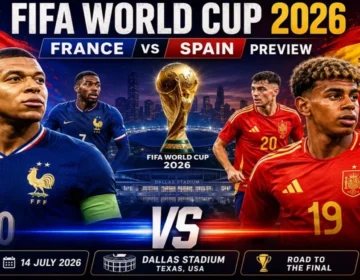 Kylian Mbappe of France and Lamine Yamal of Spain ready for FIFA World Cup semifinal match