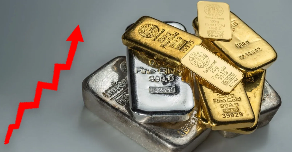 Pure gold bars stack placed alongside silver coins representing gold and silver price increase in Pakistan