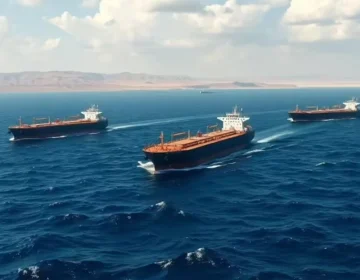 A massive oil tanker ship stranded in the middle of the ocean under economic sanctions.