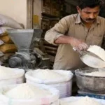 Bags of wheat flour in a market.
