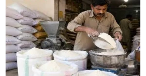 Bags of wheat flour in a market.