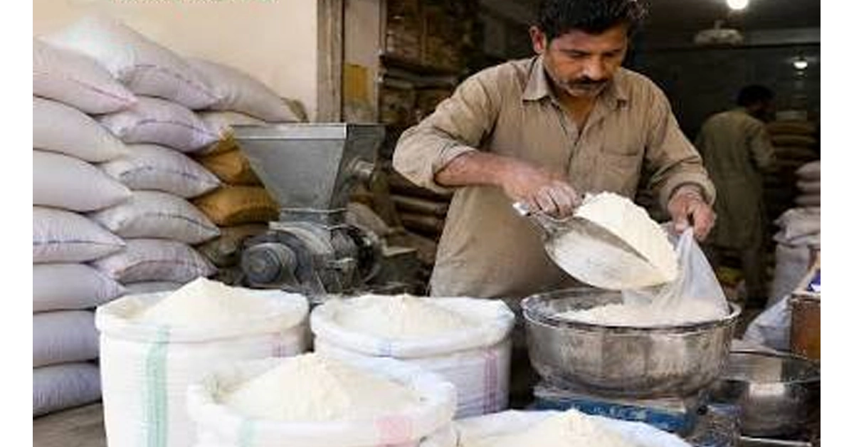Bags of wheat flour in a market.