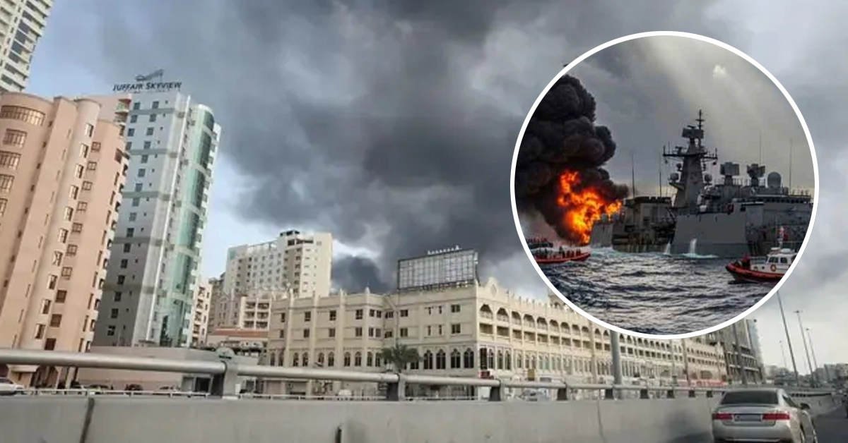 Explosions lit up the night sky over a middle eastern coastal city during a military airstrike.