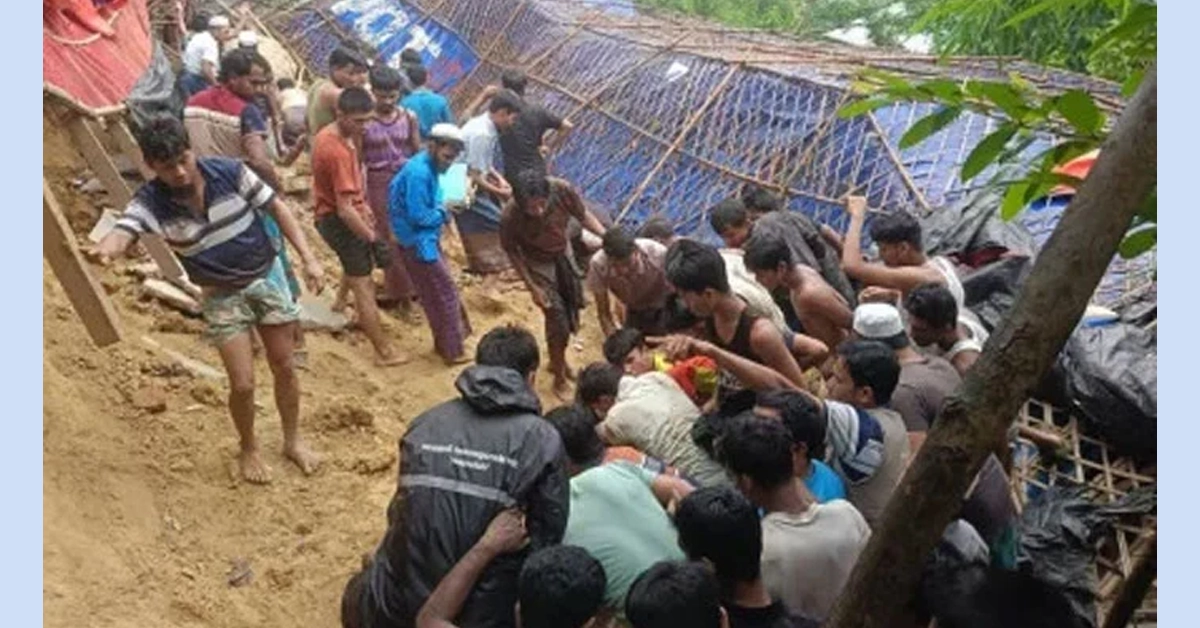 Mud and debris from a landslide covering temporary shelters in a rain-hit refugee camp.