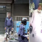 Karachi police presenting an arrested criminal.