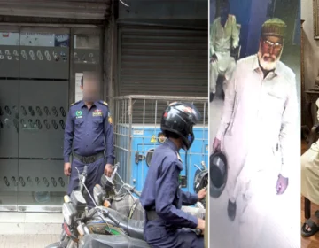Karachi police presenting an arrested criminal.
