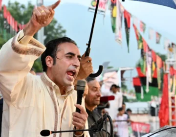 PPP Chairman Bilawal Bhutto Zardari addressing a large public gathering mic setup in Muzaffarabad Azad Kashmir