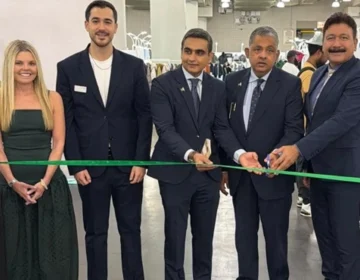 Pakistani delegates and officials standing at the Pakistan Pavilion during Texworld NYC 2026 exhibition