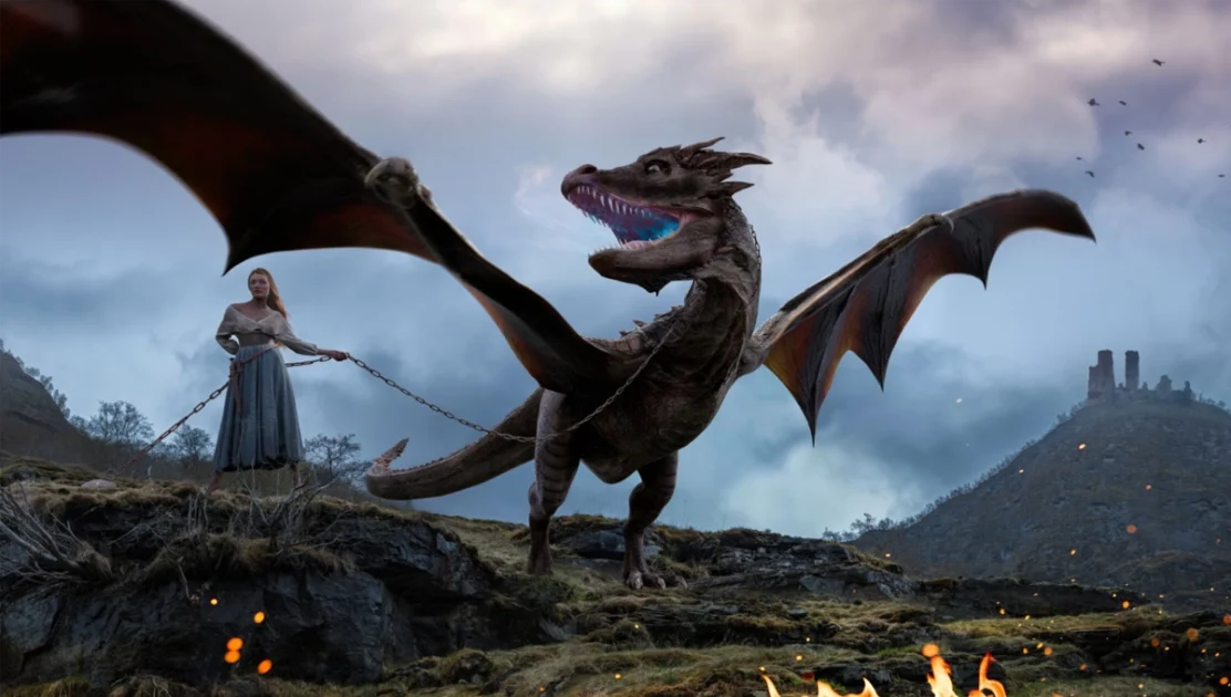 Visual depiction of the giant fictional dragon Syrax from House of the Dragon series