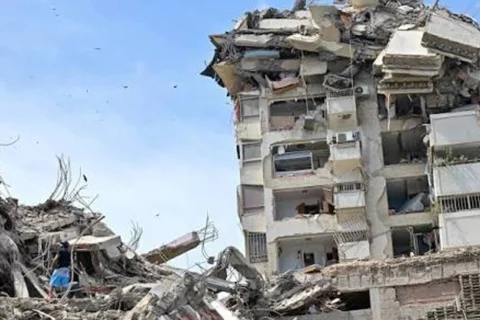 Devastated buildings and temporary relief camps set up in the earthquake-affected northern coast of Venezuela.