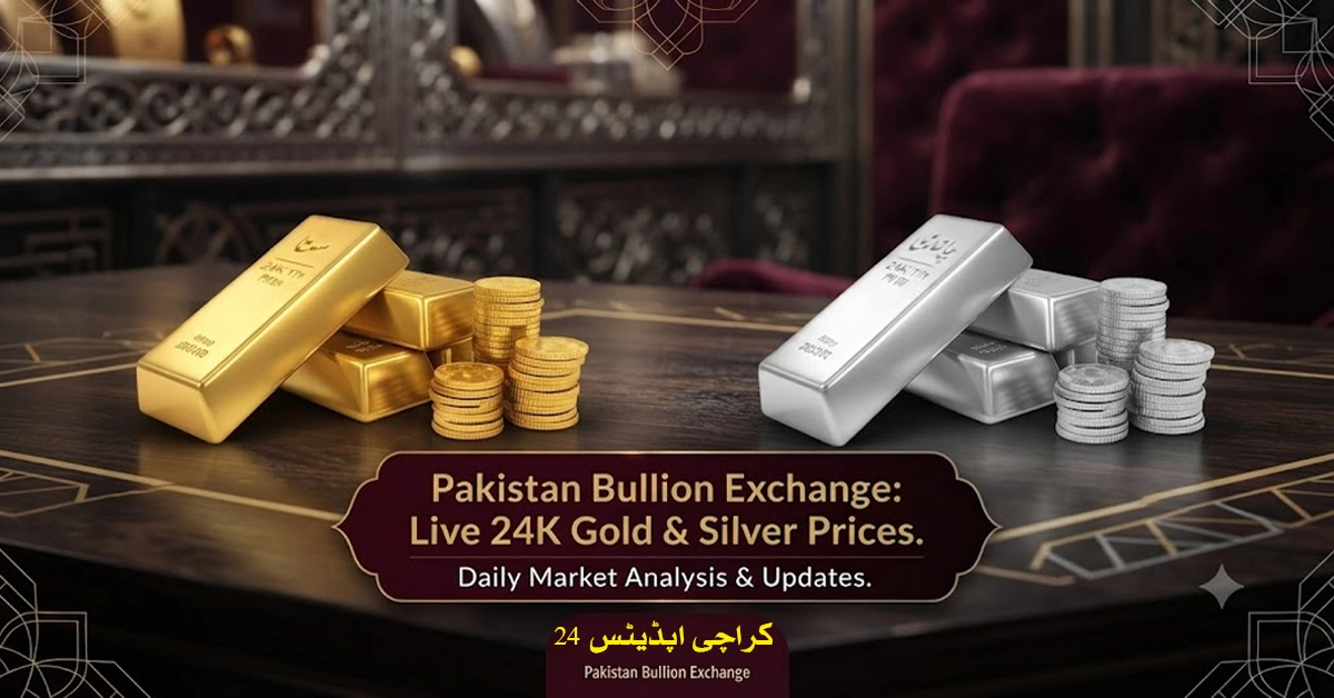 Polished 24K gold bar and silver coins displayed on a dark surface reflecting light.