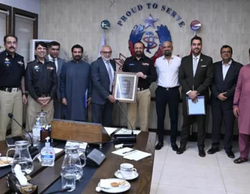 IG Sindh Javed Alam Odho presiding over a high-level police meeting at CPO Karachi.