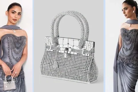 Isha Ambani carrying a micro diamond-studded Hermès Birkin Sac Bijou bag at Paris Fashion Week.