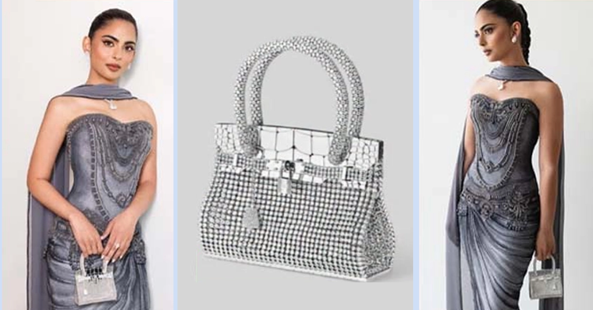 Isha Ambani carrying a micro diamond-studded Hermès Birkin Sac Bijou bag at Paris Fashion Week.