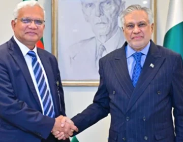 Deputy PM Ishaq Dar meeting with Bangladesh Minister Dr Zahid Hossain in Islamabad