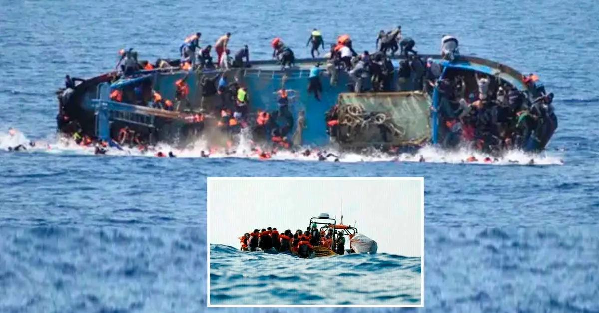 A crowded and unsafe migrant boat stranded at sea under high waves during an illegal crossing attempt.