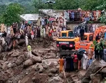 A heavy mudslide and mountain rock falling blocking a main highway road in upper Khyber Pakhtunkhwa.
