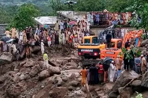 A heavy mudslide and mountain rock falling blocking a main highway road in upper Khyber Pakhtunkhwa.