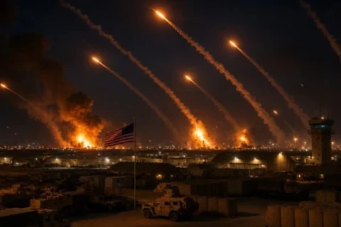 Air defense systems firing interceptor missiles into the sky over Kuwait during a military conflict.