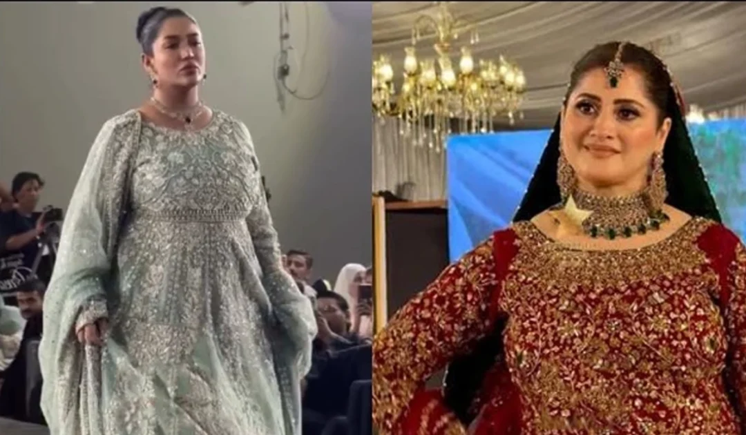 Pakistani celebrities Mathira and Sahiba dressed in traditional bridal wear at a fashion event