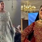 Pakistani celebrities Mathira and Sahiba dressed in traditional bridal wear at a fashion event