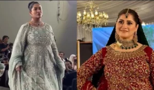 Pakistani celebrities Mathira and Sahiba dressed in traditional bridal wear at a fashion event