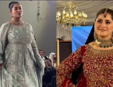Pakistani celebrities Mathira and Sahiba dressed in traditional bridal wear at a fashion event