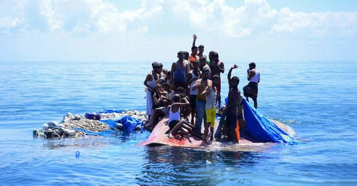 A symbolic visual representing high seas and search operations for missing refugee boats in Myanmar