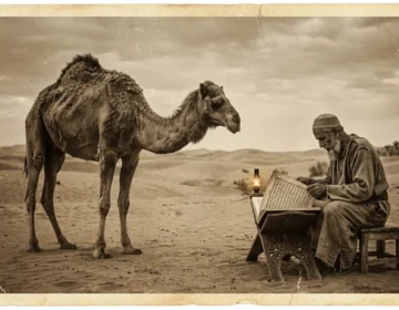 An old Arabic camel roaming uselessly in the desert representing the Quranic concept of Suda and purpose of life