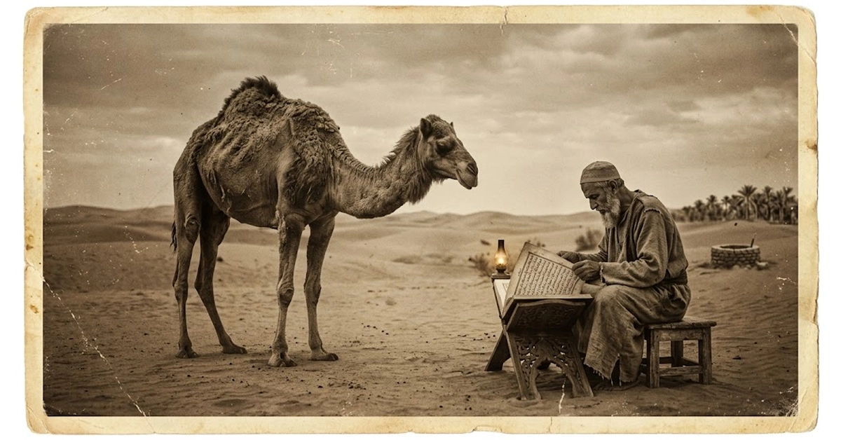 An old Arabic camel roaming uselessly in the desert representing the Quranic concept of Suda and purpose of life