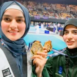 Pakistani female Taekwondo players Tayyaba Ashraf and Sunbal Fatima training hard during a practice session.