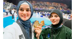 Pakistani female Taekwondo players Tayyaba Ashraf and Sunbal Fatima training hard during a practice session.