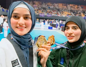 Pakistani female Taekwondo players Tayyaba Ashraf and Sunbal Fatima training hard during a practice session.