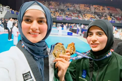 Pakistani female Taekwondo players Tayyaba Ashraf and Sunbal Fatima training hard during a practice session.