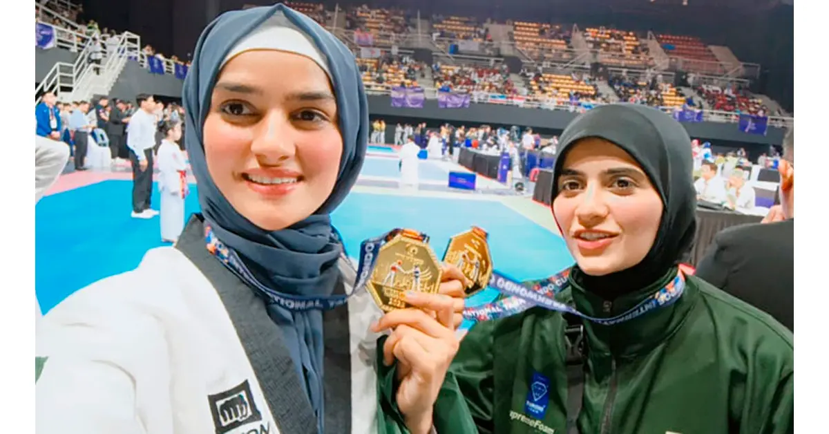 Pakistani female Taekwondo players Tayyaba Ashraf and Sunbal Fatima training hard during a practice session.
