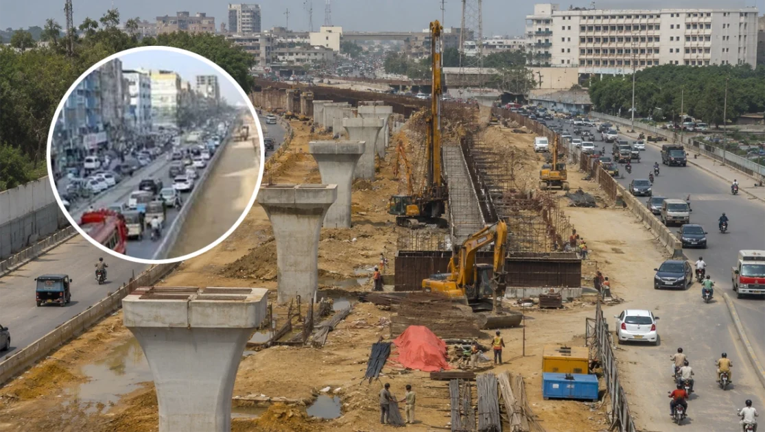 Under-construction track of Red Line BRT on University Road Karachi showing dust and road barriers for traffic diversion