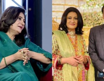 Senior Pakistani television actors Waseem Abbas and Saba Hameed smiling during a drama set.