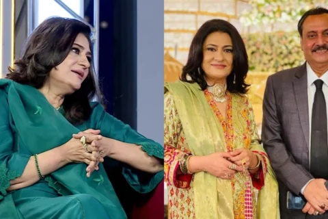 Senior Pakistani television actors Waseem Abbas and Saba Hameed smiling during a drama set.