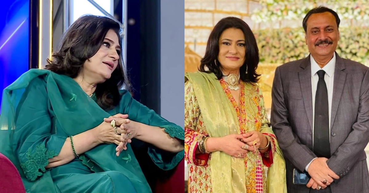 Senior Pakistani television actors Waseem Abbas and Saba Hameed smiling during a drama set.