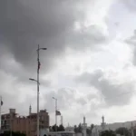 Cloudy sky over Karachi streets with high palm trees swaying in strong sea winds.