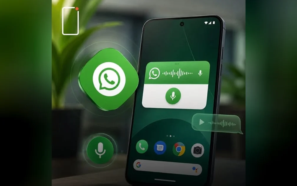 A 3D rendering of WhatsApp logo with a microphone icon symbolizing voice note recording updates