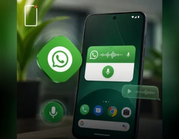A 3D rendering of WhatsApp logo with a microphone icon symbolizing voice note recording updates