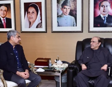 President of Pakistan Asif Ali Zardari and Interior Minister Mohsin Naqvi during a security briefing meeting in Islamabad
