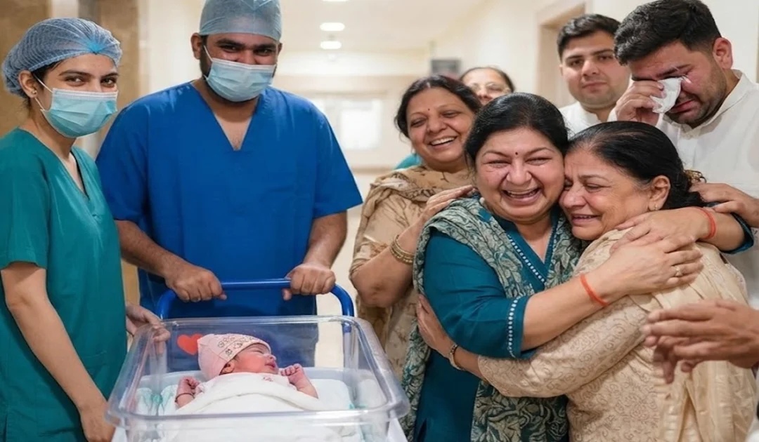 Happy family emotional celebration tears of joy upon newborn baby girl arrival at home