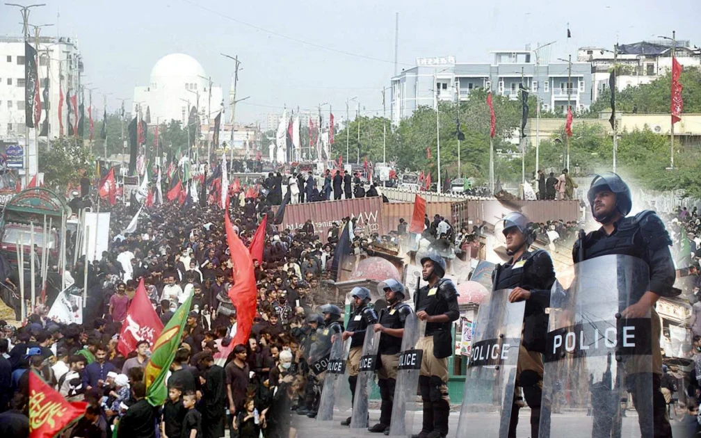 A national news graphic displaying information on Chehlum Imam Hussain security arrangements across Pakistan