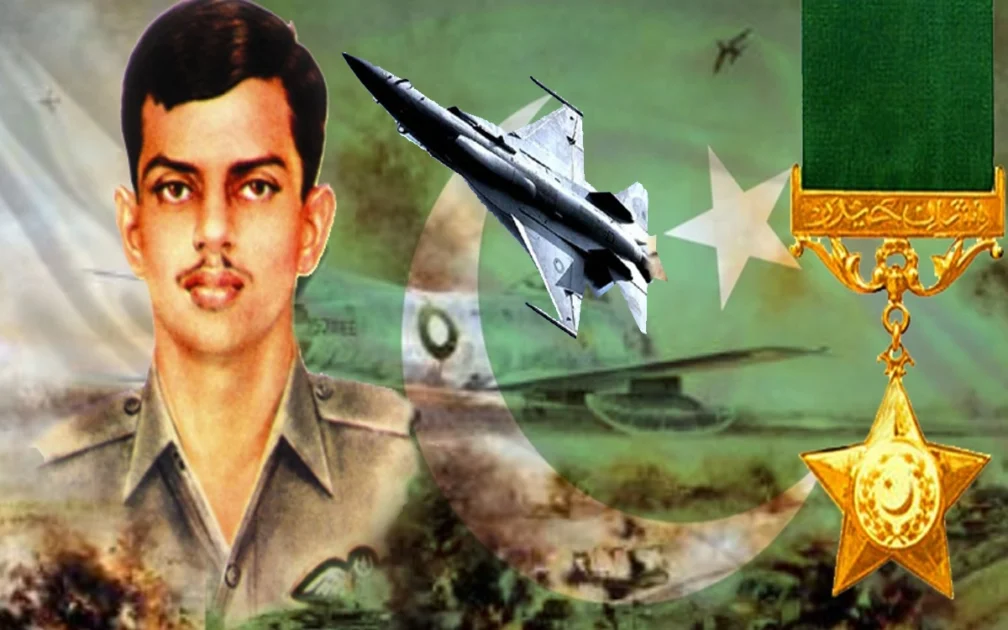 A sleek visual graphic depicting an ascending PAF fighter jet silhouette inside a golden emblem shield representing Nishan e Haider tribute