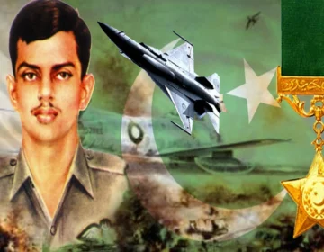 A sleek visual graphic depicting an ascending PAF fighter jet silhouette inside a golden emblem shield representing Nishan e Haider tribute
