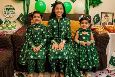 A sleek visual graphic depicting a white crescent star and green and white flag buntings representing Pakistan Independence Day without text